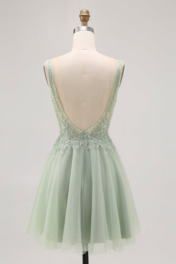 Green A-line Tulle Backless Beaded Short Prom Dress with Sequins
